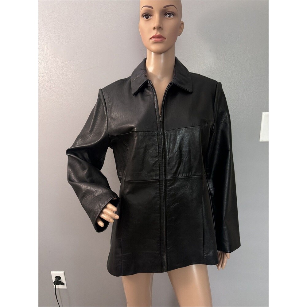 Y2K Merona Women’s Black 100% Leather Zip Front Jacket Size M Fully Lined EUC